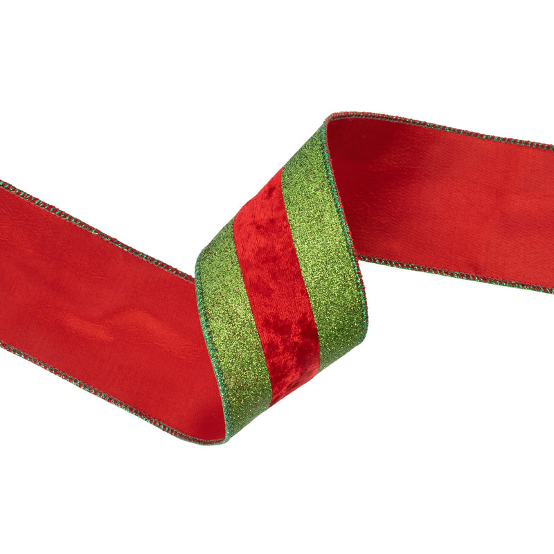 2 1/2" Wired Ribbon | Green Glitter with Red Velvet Stripe | 10 Yard Roll
