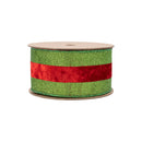 2 1/2" Wired Ribbon | Green Glitter with Red Velvet Stripe | 10 Yard Roll