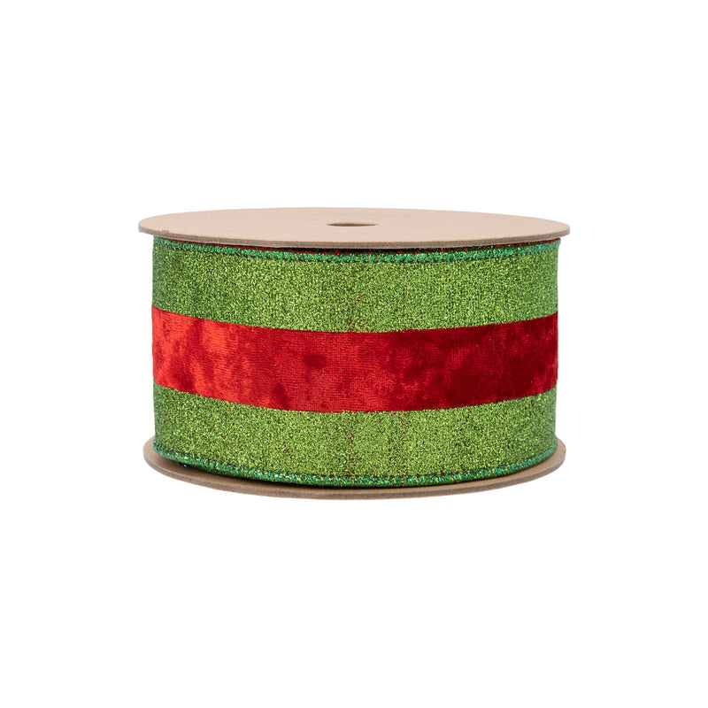 2 1/2" Wired Ribbon | Green Glitter with Red Velvet Stripe | 10 Yard Roll