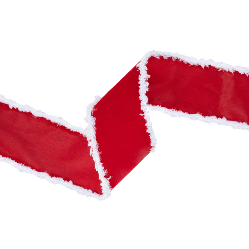 2 1/2" Wired Velvet Ribbon | Red with White Fuzzy Edge | 10 Yard Roll