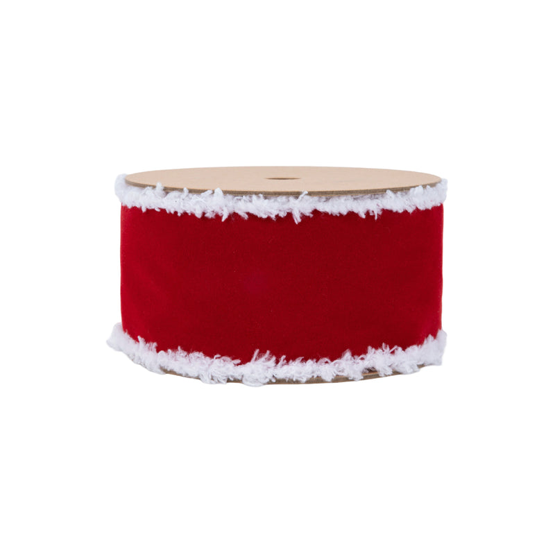 2 1/2" Wired Velvet Ribbon | Red with White Fuzzy Edge | 10 Yard Roll