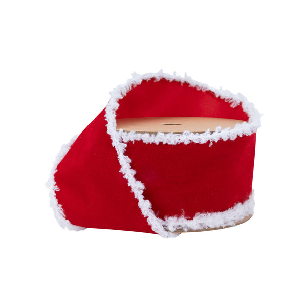 2 1/2" Wired Velvet Ribbon | Red with White Fuzzy Edge | 10 Yard Roll