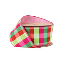 2 1/2" Velvet Ribbon | Florescent Pink/Green Plaid w/ Pink Stripe Backing | 10 Yard Roll