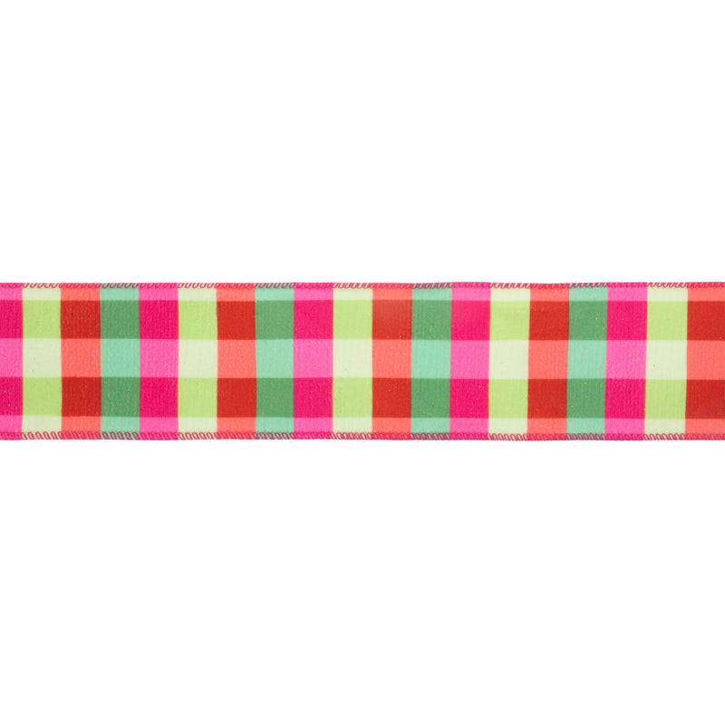 2 1/2" Velvet Ribbon | Florescent Pink/Green Plaid w/ Pink Stripe Backing | 10 Yard Roll