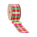 2 1/2" Velvet Ribbon | Florescent Pink/Green Plaid w/ Pink Stripe Backing | 10 Yard Roll