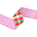 2 1/2" Velvet Ribbon | Florescent Pink/Green Plaid w/ Pink Stripe Backing | 10 Yard Roll