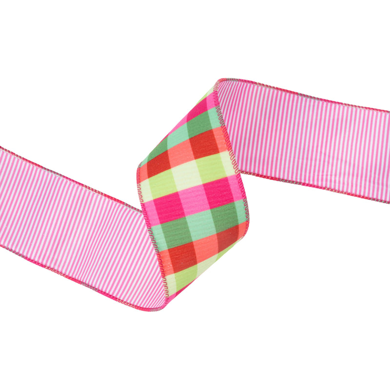 2 1/2" Velvet Ribbon | Florescent Pink/Green Plaid w/ Pink Stripe Backing | 10 Yard Roll