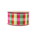 2 1/2" Velvet Ribbon | Florescent Pink/Green Plaid w/ Pink Stripe Backing | 10 Yard Roll