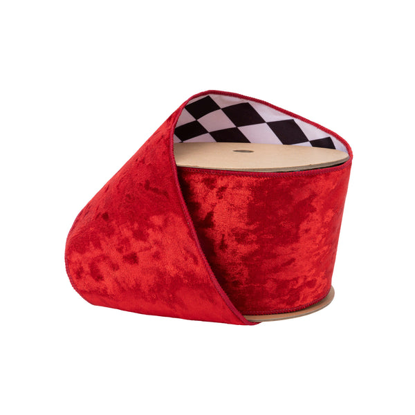 4" Wired Velvet Ribbon | Red with Black/White Backing | 10 Yard Roll