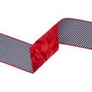 4" Wired Velvet Ribbon | Red with Black/White Check Backing | 10 Yard Roll