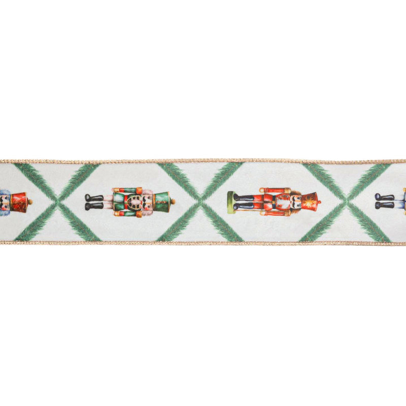2 1/2" Wired Reversible Velvet | Nutcracker with Northfolk Pine on White | 10 Yard Roll