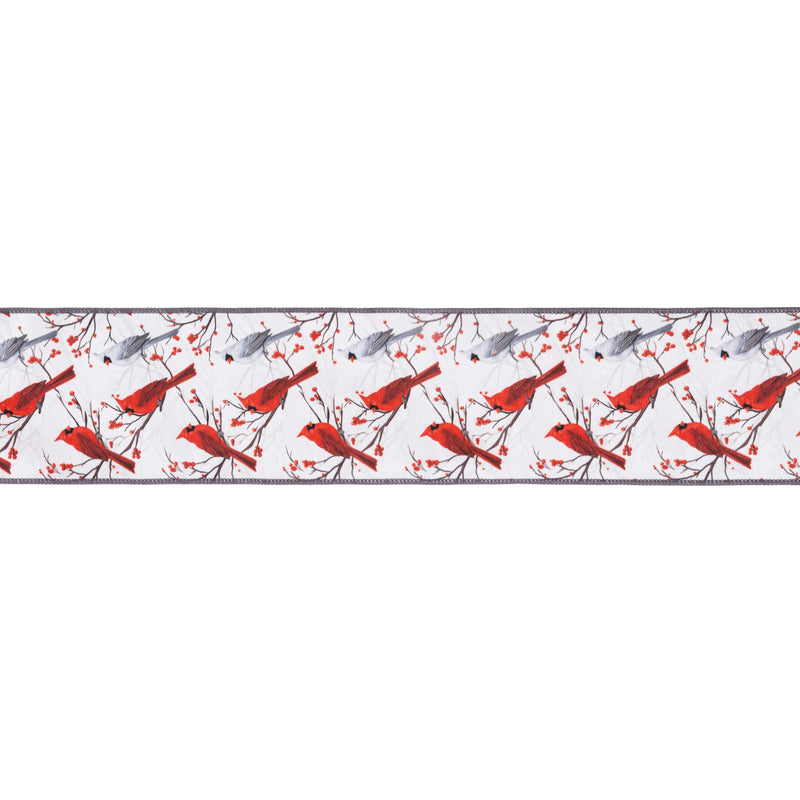 4" Wired Velvet | White and Red Cardinals with Red Backing | 10 Yard Roll
