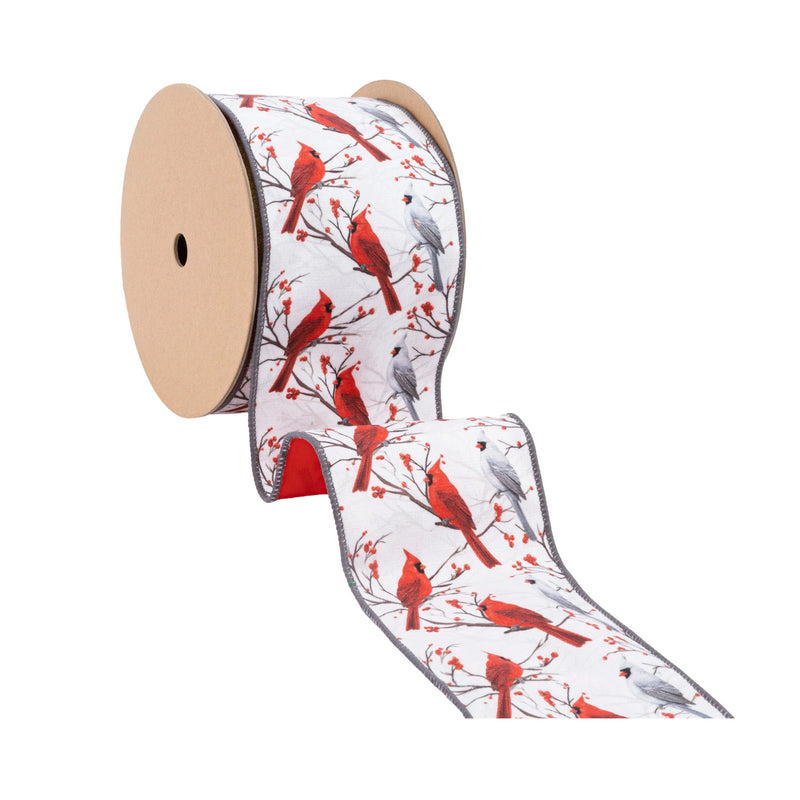 4" Wired Velvet | White and Red Cardinals with Red Backing | 10 Yard Roll