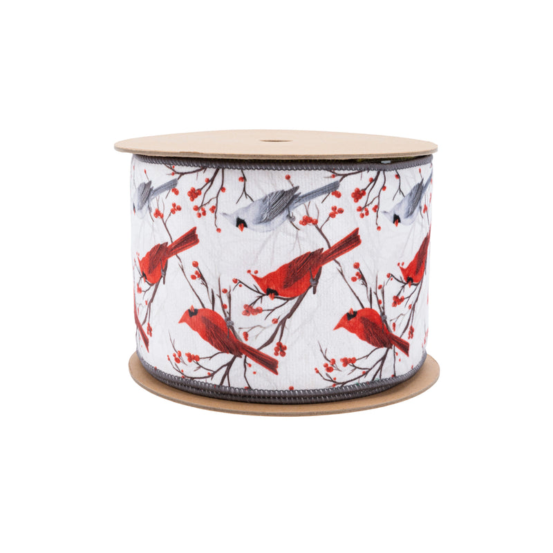 4" Wired Velvet | White and Red Cardinals with Red Backing | 10 Yard Roll