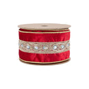 2 1/2" Wired Velvet Ribbon | Red with Gold Trim and Iridescent Jewel | 10 Yard Spool
