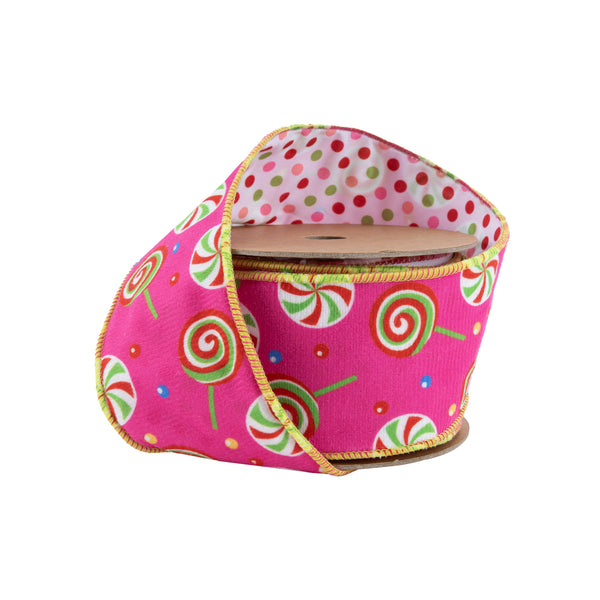 2 1/2" Wired Reversible Velvet | Pink Candies with Polka Dot Backing | 10 Yard Roll