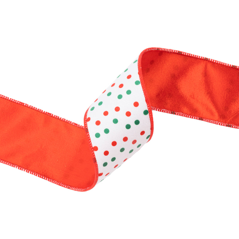 2 1/2" Wired Velvet | Red and Green Polka Dots with Red Backing | 10 Yard Roll
