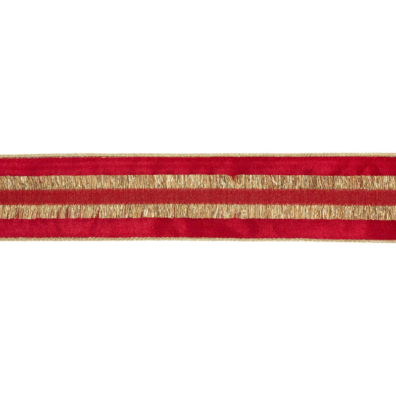 2 1/2" Wired Velvet Ribbon | Red with Gold Fringe | 10 Yard Roll