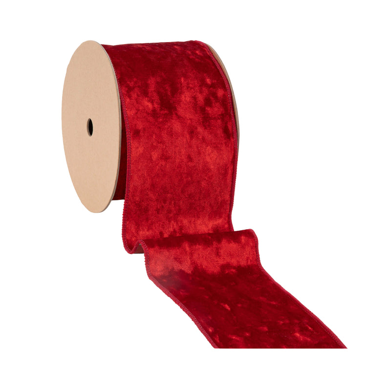 4" Wired Velvet Ribbon | Red w/ Red/Green/White Plaid Backing | 10 Yard Roll