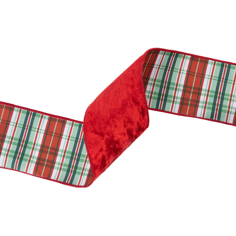4" Wired Velvet Ribbon | Red w/ Red/Green/White Plaid Backing | 10 Yard Roll