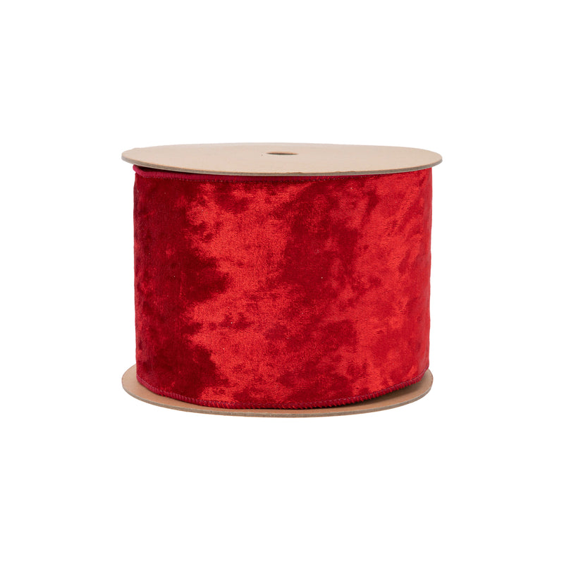 4" Wired Velvet Ribbon | Red w/ Red/Green/White Plaid Backing | 10 Yard Roll