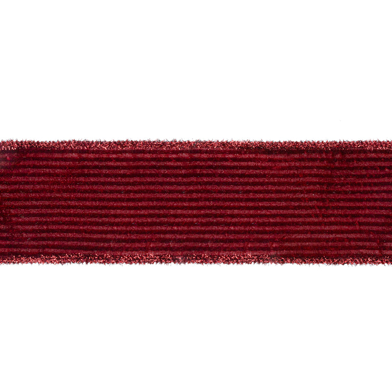 4" Wired Velvet Ribbon | Burgundy Stripe w/ Burgundy Tinsel Edging | 10 Yard Roll
