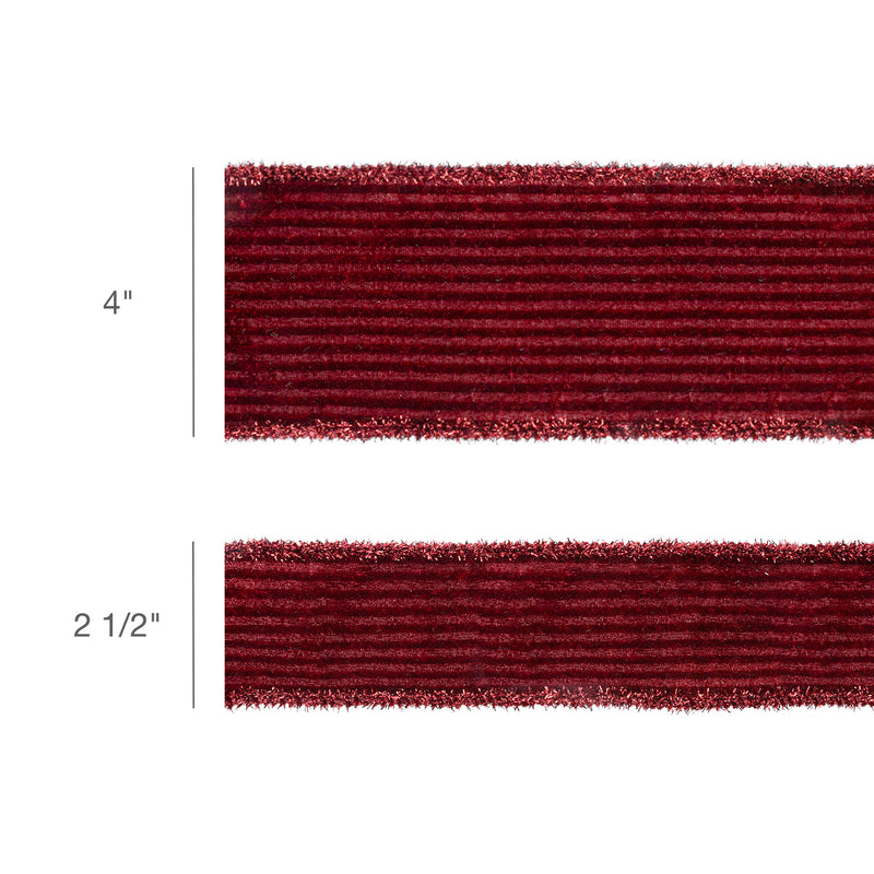 4" Wired Velvet Ribbon | Burgundy Stripe w/ Burgundy Tinsel Edging | 10 Yard Roll