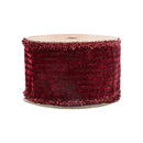 4" Wired Velvet Ribbon | Burgundy Stripe w/ Burgundy Tinsel Edging | 10 Yard Roll