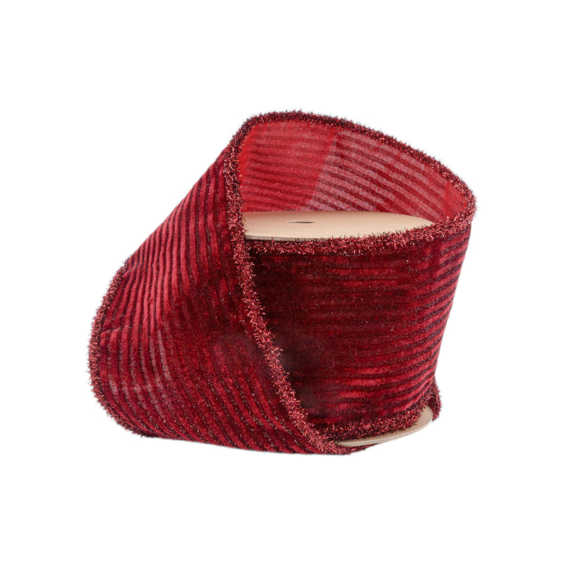 4" Wired Velvet Ribbon | Burgundy Stripe w/ Burgundy Tinsel Edging | 10 Yard Roll