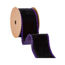 2 1/2" Wired Ribbon Black Velor w/ Purple/Black Striped Piping and Backing | 10 Yard Roll