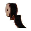 2 1/2" Wired Ribbon Black Velour w/ Orange/Black Striped Piping and Backing | 10 Yard Roll