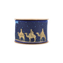 2 1/2" Faux Linen Wired Ribbon | Blue w/ Gold Print Three Wise Men | 10 Yard Roll