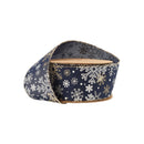 2 1/2" Faux Linen Wired Ribbon | Blue w/ Silver Glitter and Print White Snowflake | 10 Yard Roll