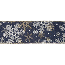 2 1/2" Faux Linen Wired Ribbon | Blue w/ Silver Glitter and Print White Snowflake | 10 Yard Roll