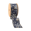 2 1/2" Faux Linen Wired Ribbon | Blue w/ Silver Glitter and Print White Snowflake | 10 Yard Roll