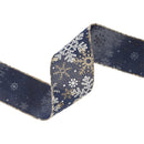 2 1/2" Faux Linen Wired Ribbon | Blue w/ Silver Glitter and Print White Snowflake | 10 Yard Roll