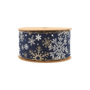 2 1/2" Faux Linen Wired Ribbon | Blue w/ Silver Glitter and Print White Snowflake | 10 Yard Roll
