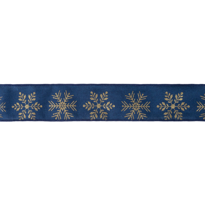 2 1/2" Faux Linen Wired Ribbon | Blue w/ Gold Stamping Snowflakes | 10 Yard Roll