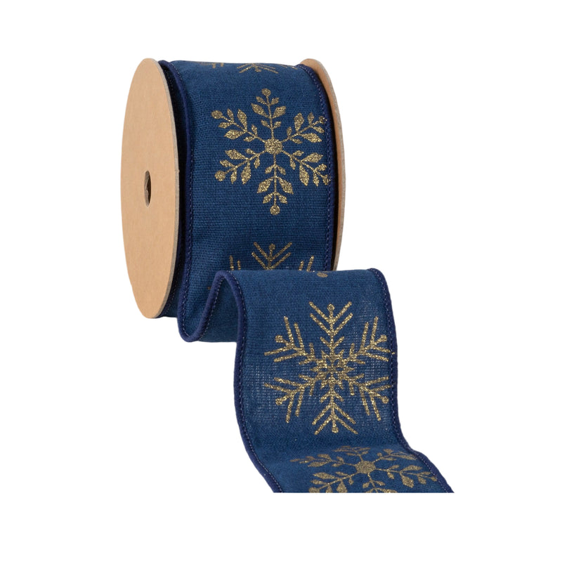 2 1/2" Faux Linen Wired Ribbon | Blue w/ Gold Stamping Snowflakes | 10 Yard Roll
