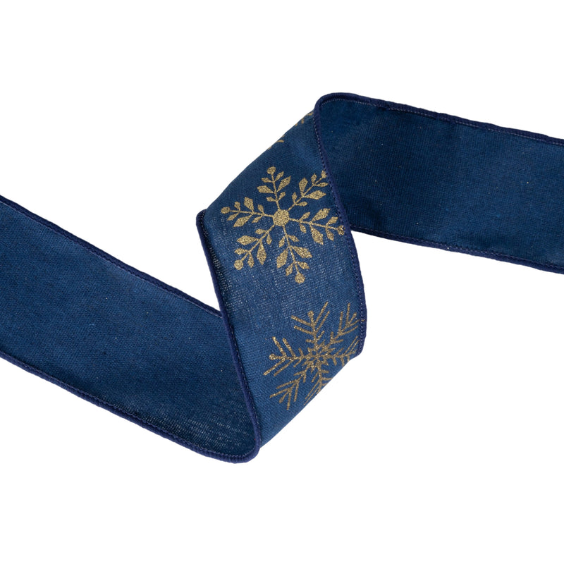 2 1/2" Faux Linen Wired Ribbon | Blue w/ Gold Stamping Snowflakes | 10 Yard Roll