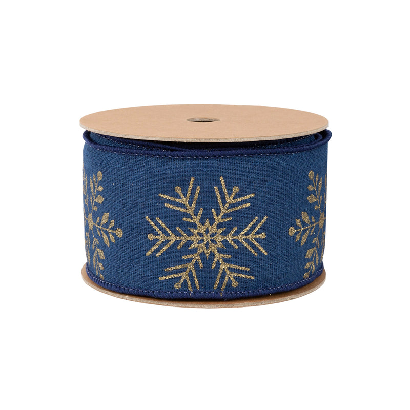 2 1/2" Faux Linen Wired Ribbon | Blue w/ Gold Stamping Snowflakes | 10 Yard Roll