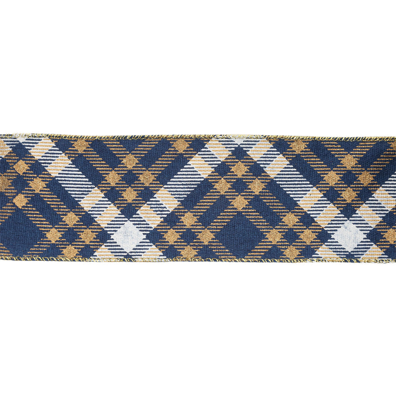 2 1/2" Faux Linen Wired Ribbon | Blue w/ Gold Stamping and White Printing Diamond Check Pattern | 10 Yard Roll