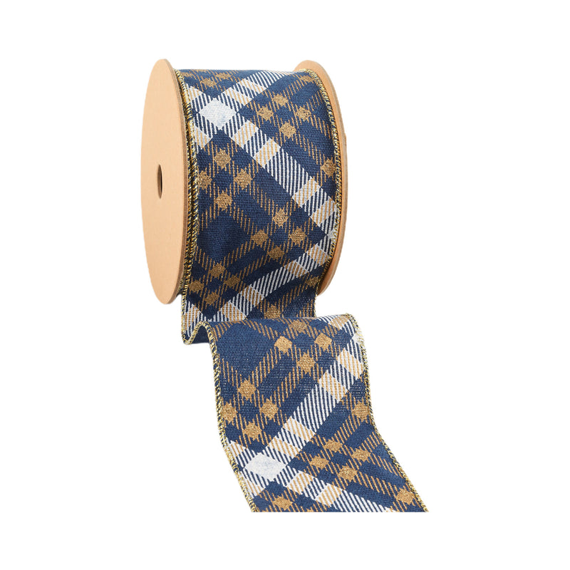 2 1/2" Faux Linen Wired Ribbon | Blue w/ Gold Stamping and White Printing Diamond Check Pattern | 10 Yard Roll