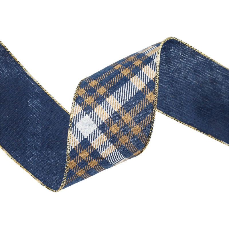 2 1/2" Faux Linen Wired Ribbon | Blue w/ Gold Stamping and White Printing Diamond Check Pattern | 10 Yard Roll
