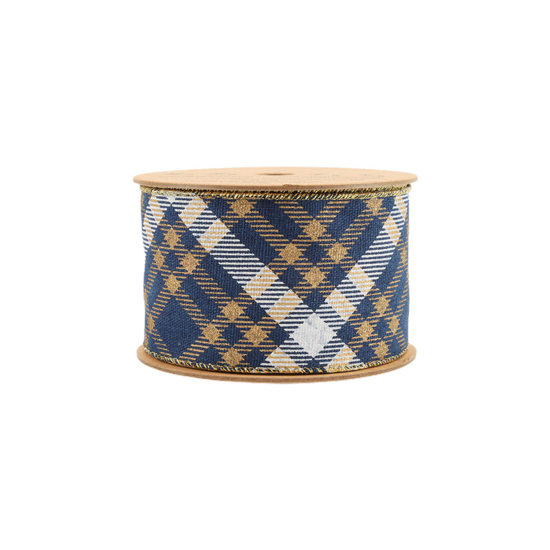 2 1/2" Faux Linen Wired Ribbon | Blue w/ Gold Stamping and White Printing Diamond Check Pattern | 10 Yard Roll