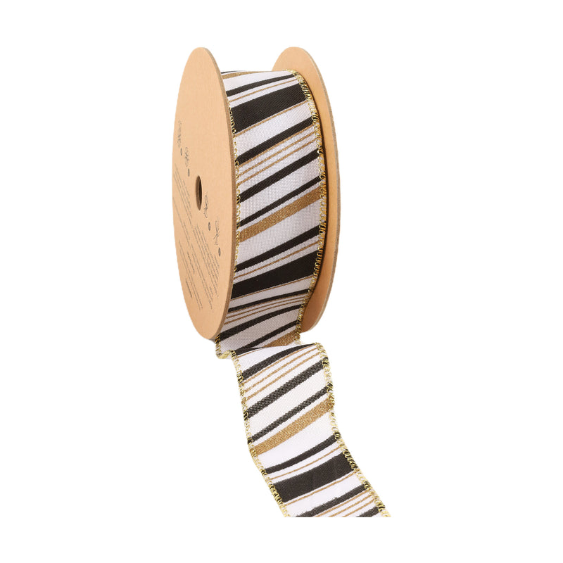 1 1/2" Faux Linen Wired Ribbon | w/ Black & White & Gold Stamping Twill Stripe | 10 Yard Roll