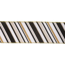 2 1/2" Faux Linen Wired Ribbon | w/ Black & White & Gold Stamping Twill Stripe | 10 Yard Roll