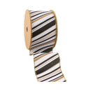 2 1/2" Faux Linen Wired Ribbon | w/ Black & White & Gold Stamping Twill Stripe | 10 Yard Roll