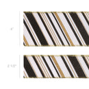 2 1/2" Faux Linen Wired Ribbon | w/ Black & White & Gold Stamping Twill Stripe | 10 Yard Roll