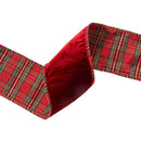 4" Wired Plush Velvet Ribbon | Red w/ Red/Black/Gold Plaid Cording and Backing | 10 Yard Roll